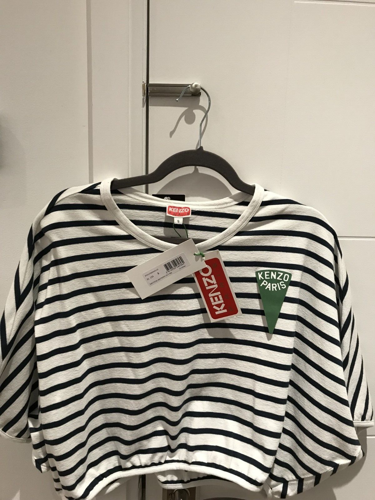 NWT Kenzo Paris Navy & White Striped Nautical Batwing Logo Cropped Top Size Sm