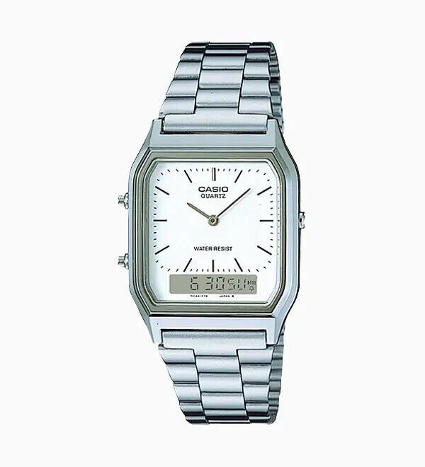 CASIO AQ-230A-7D Retro Vintage White Dual time Stainless Steel Band Watch AQ230A