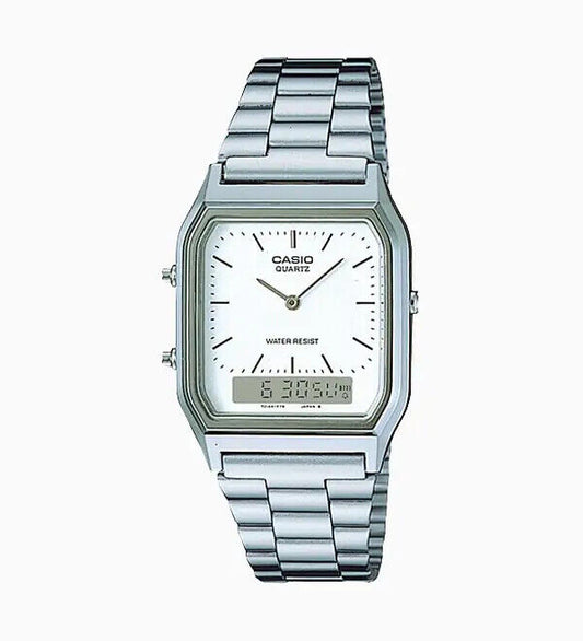 CASIO AQ-230A-7D Retro Vintage White Dual time Stainless Steel Band Watch AQ230A