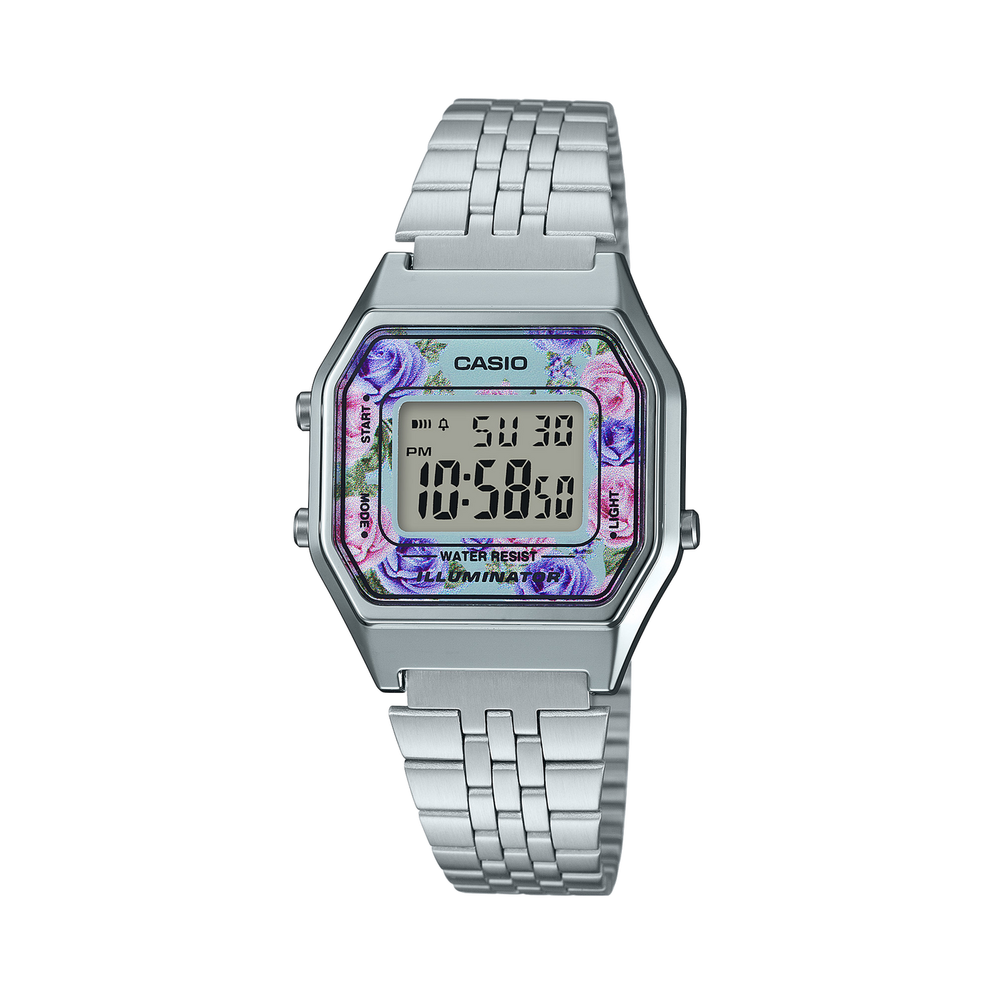 Casio LA680WA-2C Ladies Silver FLORAL Digital Watch Steel Band Retro Vintage