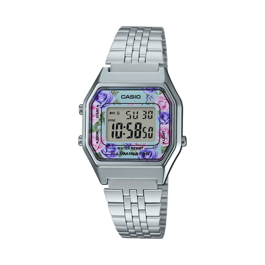 Casio LA680WA-2C Ladies Silver FLORAL Digital Watch Steel Band Retro Vintage