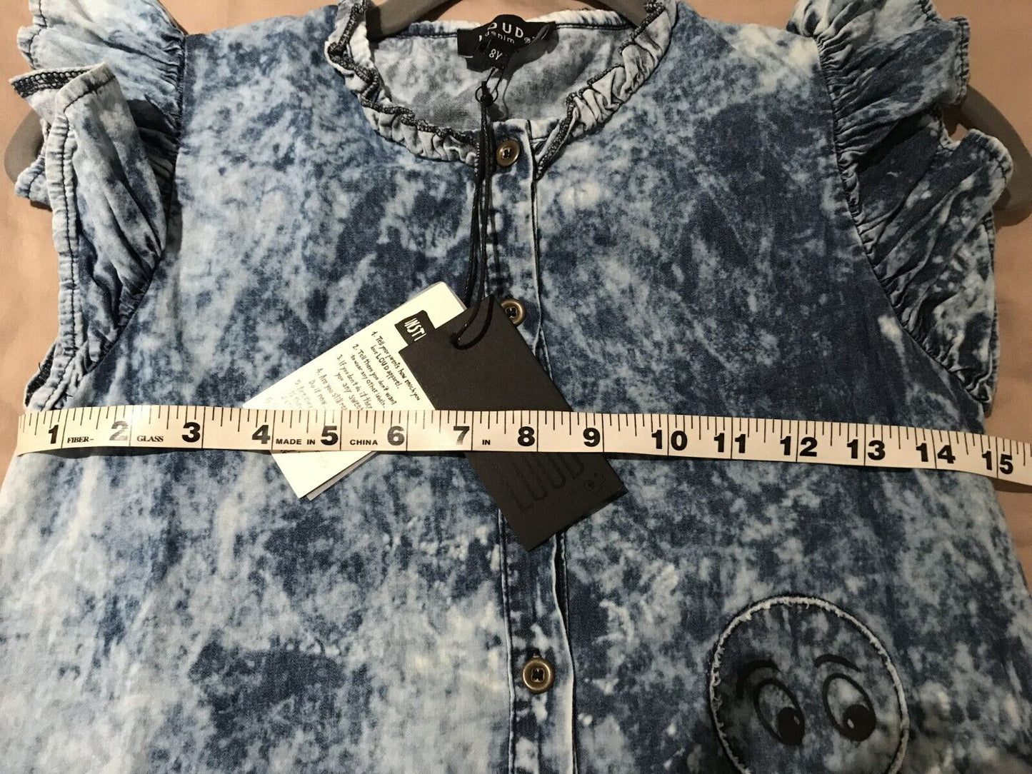 NWT Loud Girls Blue Denim Acid Wash Button Front Dress Size 8 Paper Bag Neckline