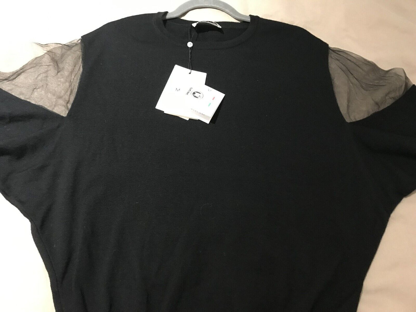 NWT MEIMEIJ Women's Black Wool Logo Back Long Dolman Sleeves Sweater Size 40/8