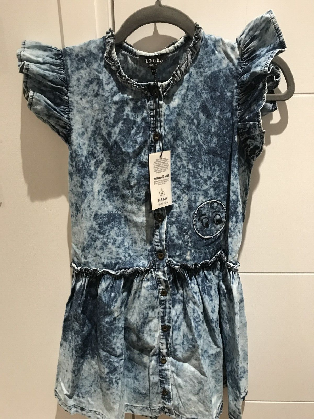 NWT Loud Girls Blue Denim Acid Wash Button Front Dress Size 8 Paper Bag Neckline