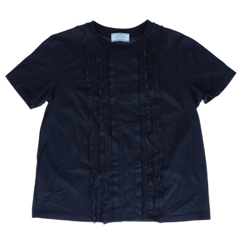 NWT PRADA Milano Women's Navy Ruffled Short Sleeve T-Shirt Size XL Crew Neck