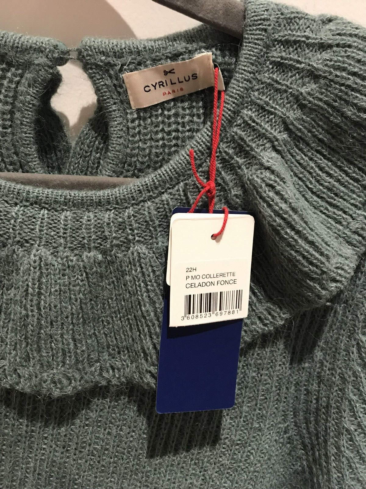 NWT Cyrillus Paris Women's Green Frill Round Neck Long Sleeve Sweater Size Large