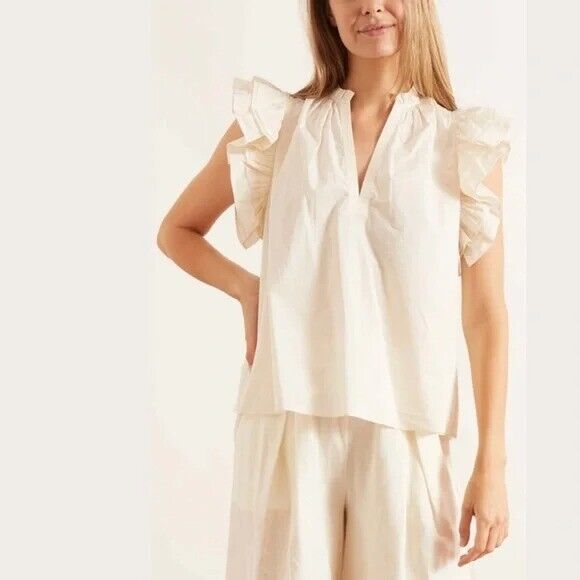 NWT ULLA JOHNSON Women's Off-white Ruffled Cotton Elena Blouse Top Size 8