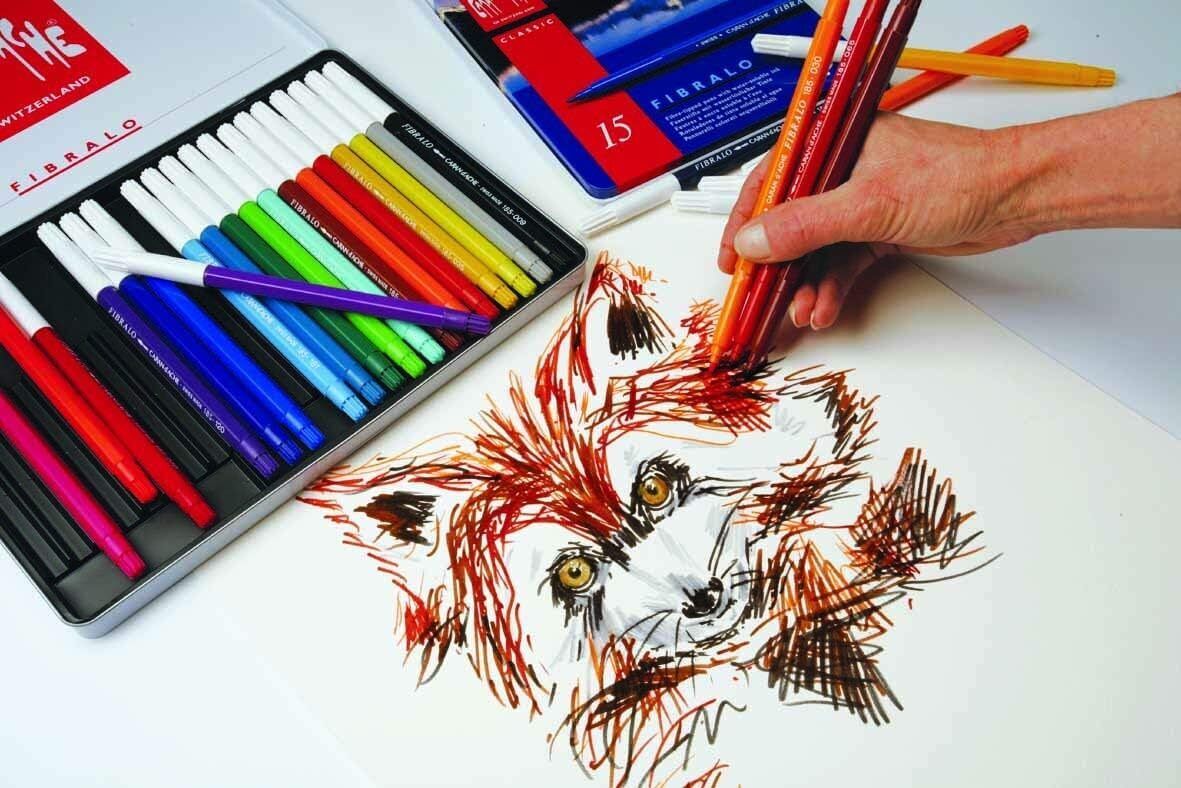 Caran d'Ache Fibralo 15 Fibre Tipped Felt Pens Artist Color Marker Metal Tin Set