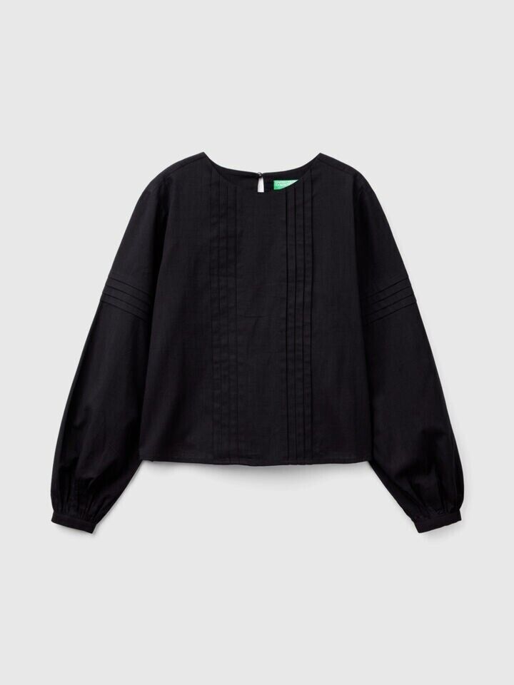 NWT Benetton Women's Black Pleats Viscose Blend Balloon Sleeve Blouse Size Large