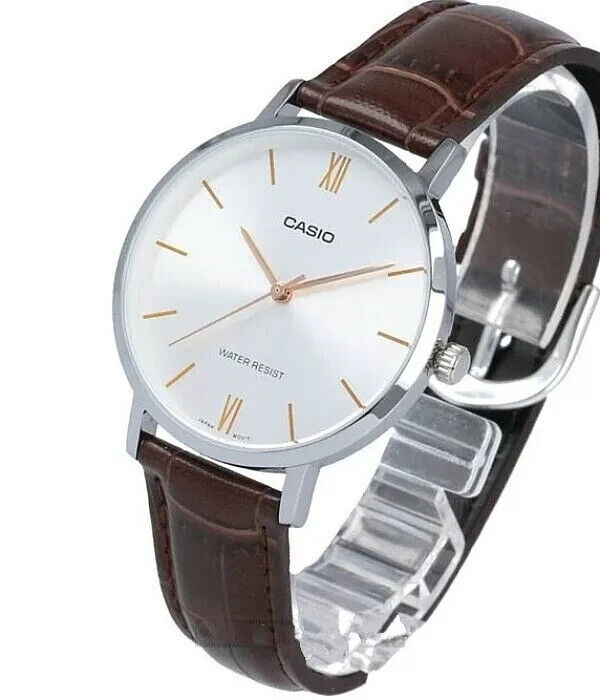 Casio Women's Minimalistic White Dial Brown Leather Band Watch MTP-VT01L-7B2UDF