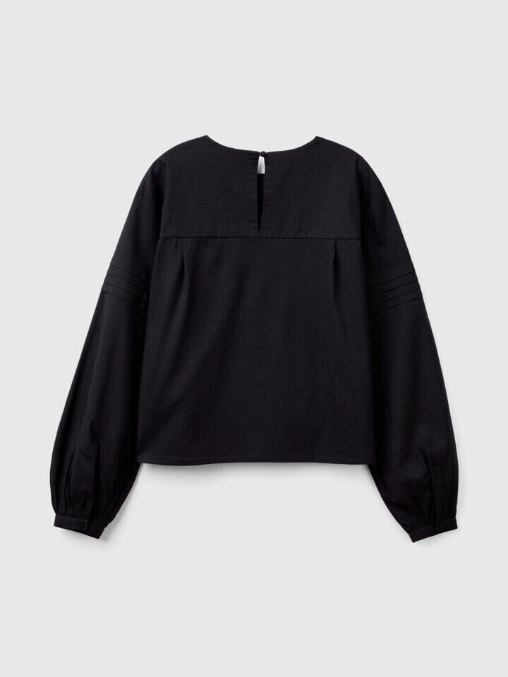 NWT Benetton Women's Black Pleats Viscose Blend Balloon Sleeve Blouse Size Large