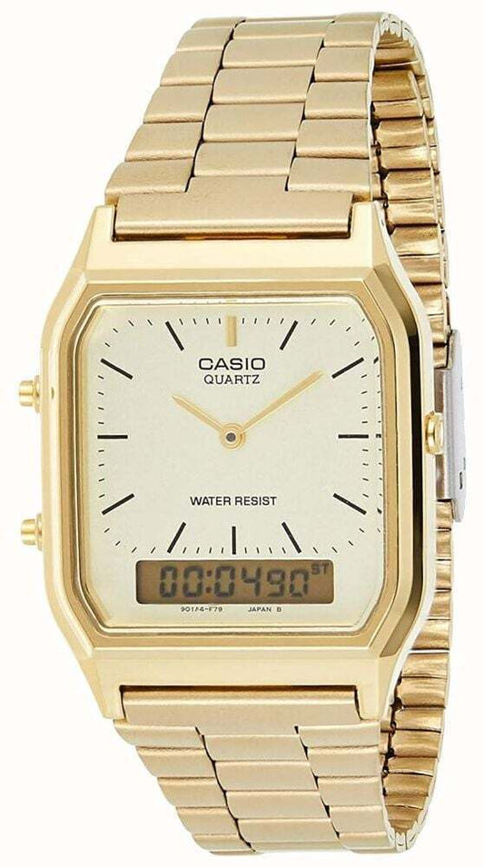 Casio AQ-230GA-9D Vintage Yellow Gold Dial Stainless Steel Analog Digital Watch