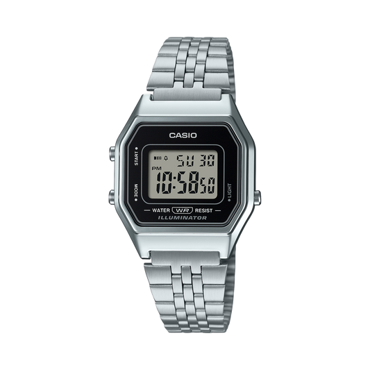 Casio LA680WA-1D Ladies Black Digital Watch Silver Steel Band Retro Vintage