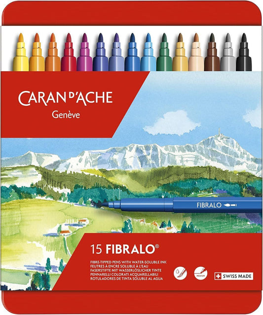 Caran d'Ache Fibralo 15 Fibre Tipped Felt Pens Artist Color Marker Metal Tin Set