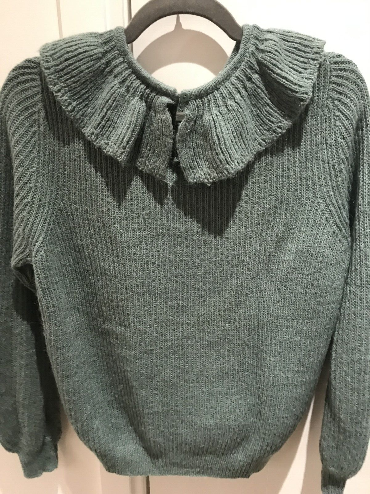 Cyrillus Paris Women's Green Frill Round Neck Long Slim Sleeve Sweater Sz Medium