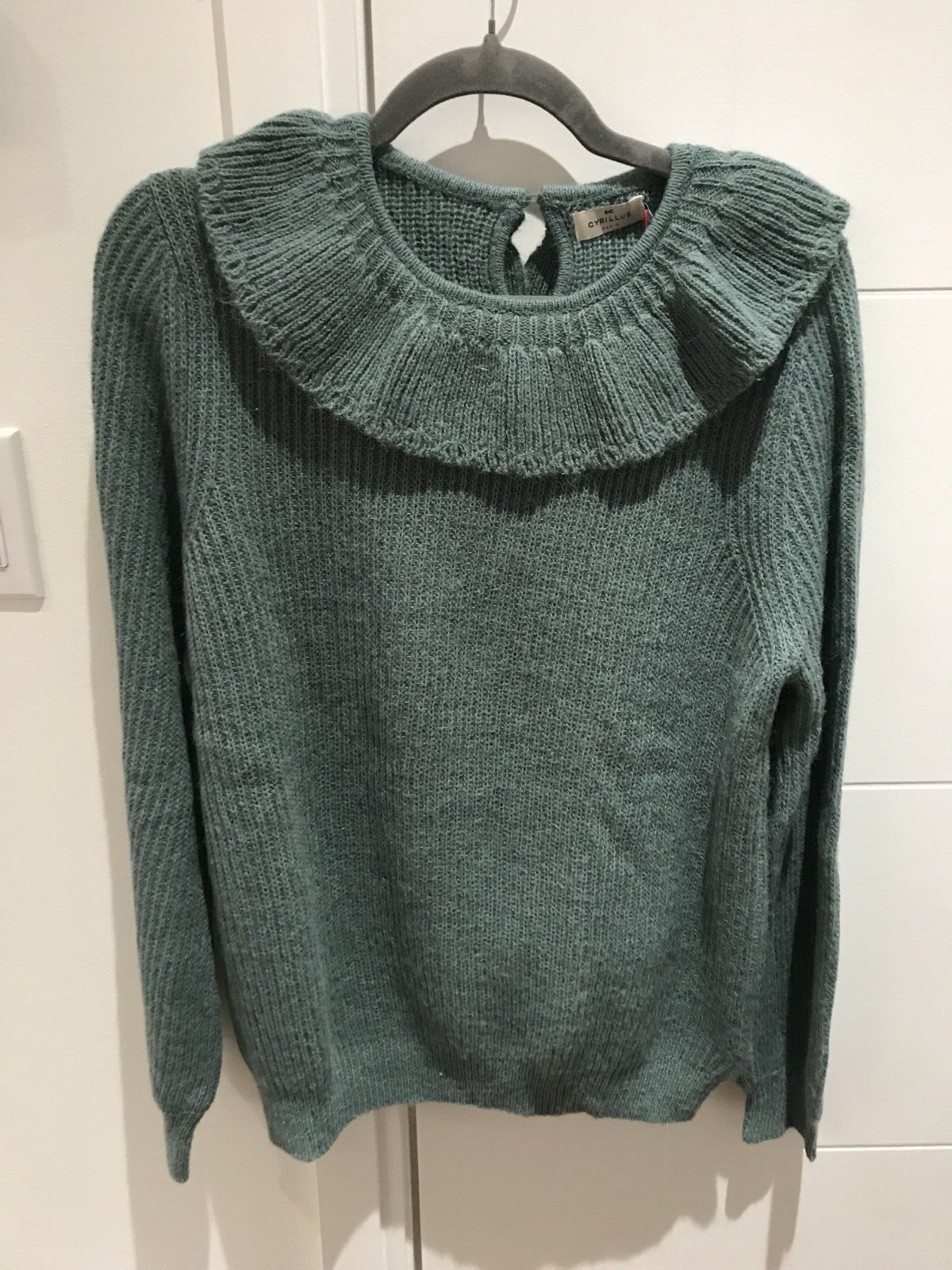 NWT Cyrillus Paris Women's Green Frill Round Neck Long Sleeve Sweater Size Large