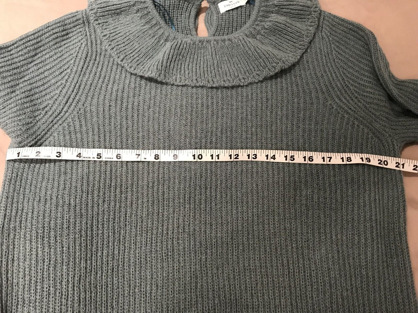 NWT Cyrillus Paris Women's Green Frill Round Neck Long Sleeve Sweater Size Large