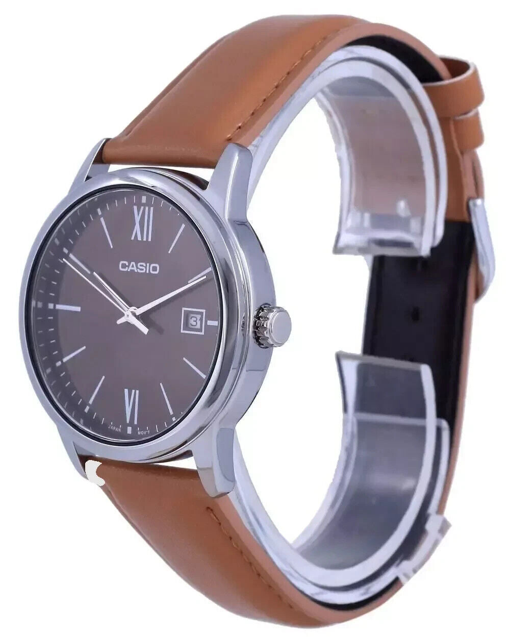 Casio MTP-V002L-5B3 Men's Dress Watch, Roman Numerals, Date, Leather Band