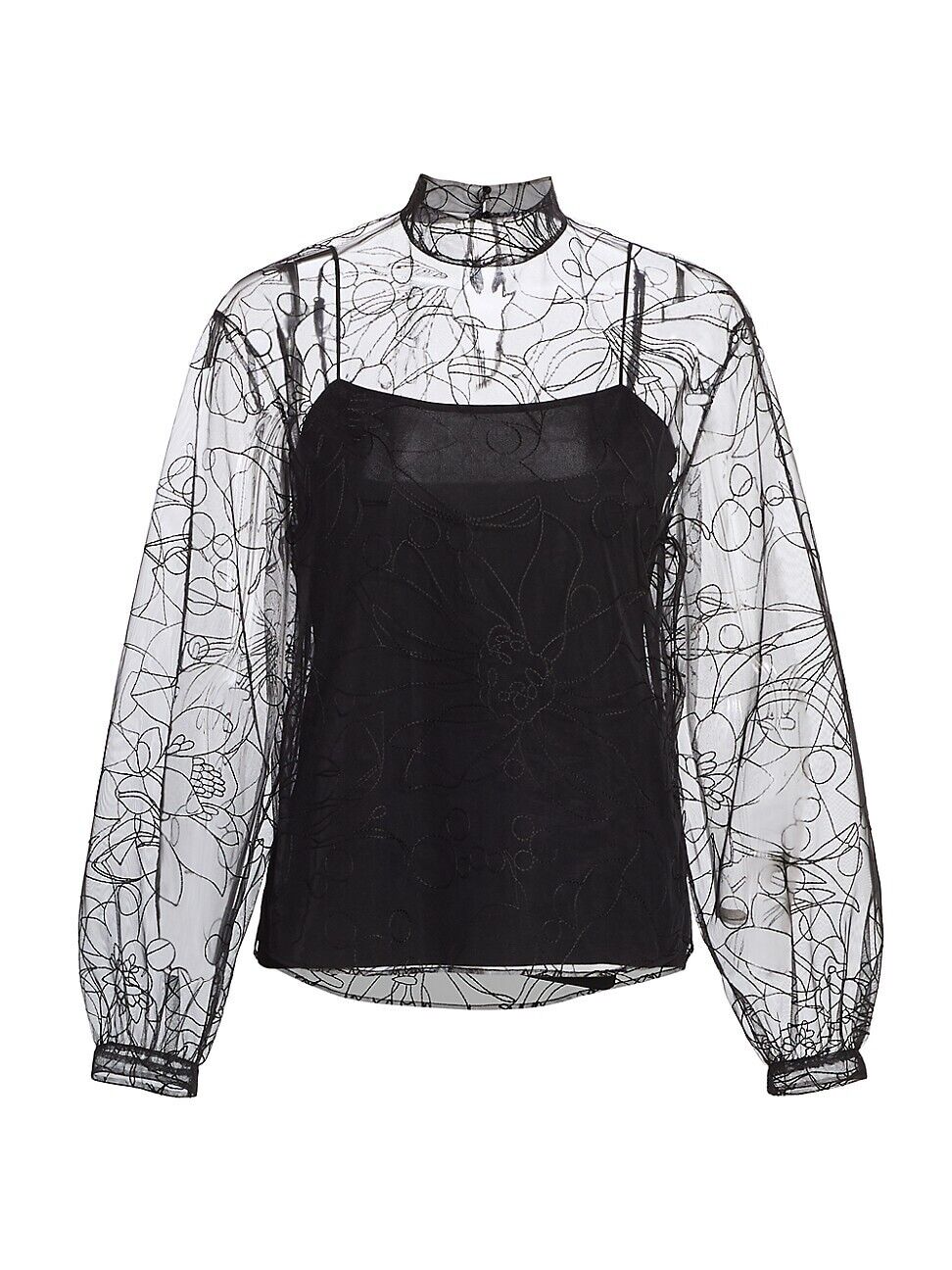 NWOT Akris Women's Black Sashiko Floral Embroidered Sheer Tulle Blouse Size 2