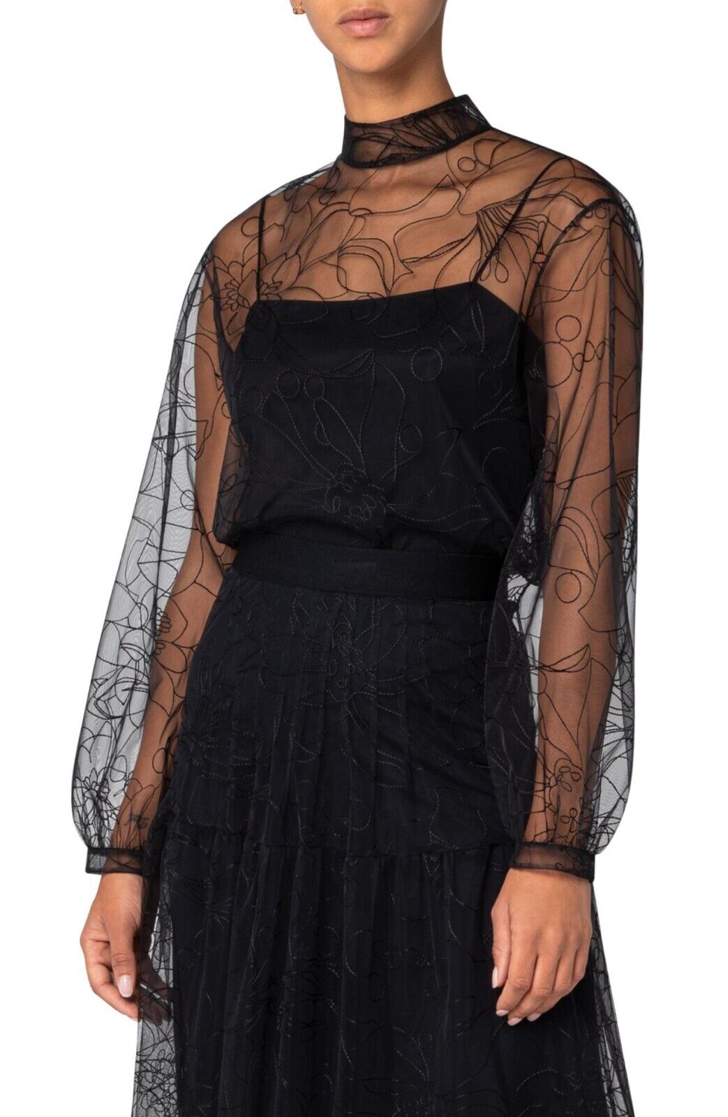 NWOT Akris Women's Black Sashiko Floral Embroidered Sheer Tulle Blouse Size 2