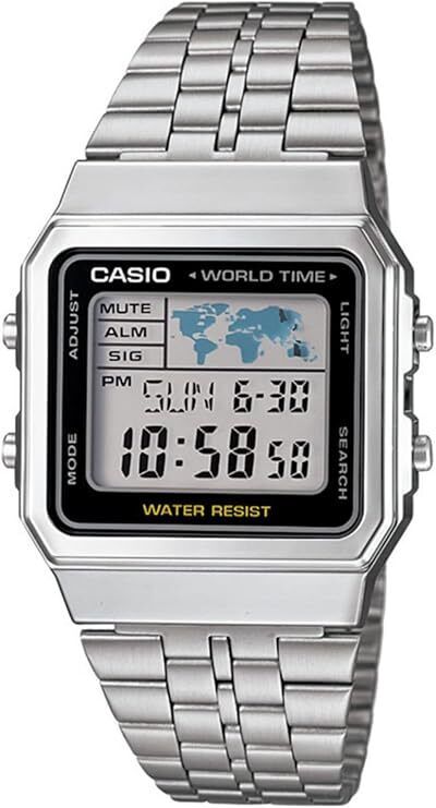 CASIO A500WA-1D Silver Vintage Digital Watch, World Time, LED, Stainless Band