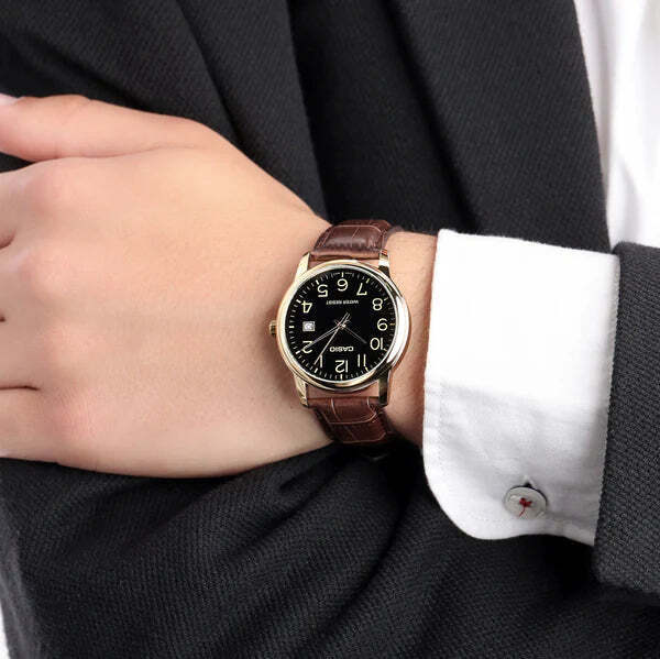 Casio MTP-V001GL-1B Black Analog Brown Leather Gold Tone Bezel Men's Watch