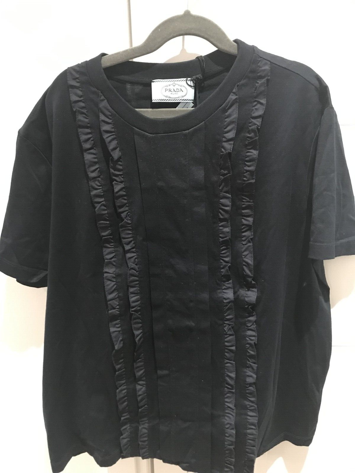 NWT PRADA Milano Women's Navy Ruffled Short Sleeve T-Shirt Size XL Crew Neck