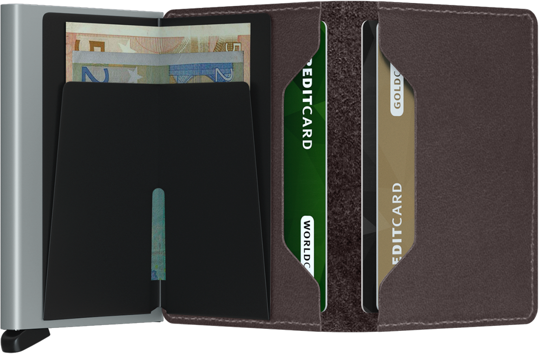 Slim Wallet Style Original-Brown, 4 Embossed or 6 flat cards + 6 extra cards.