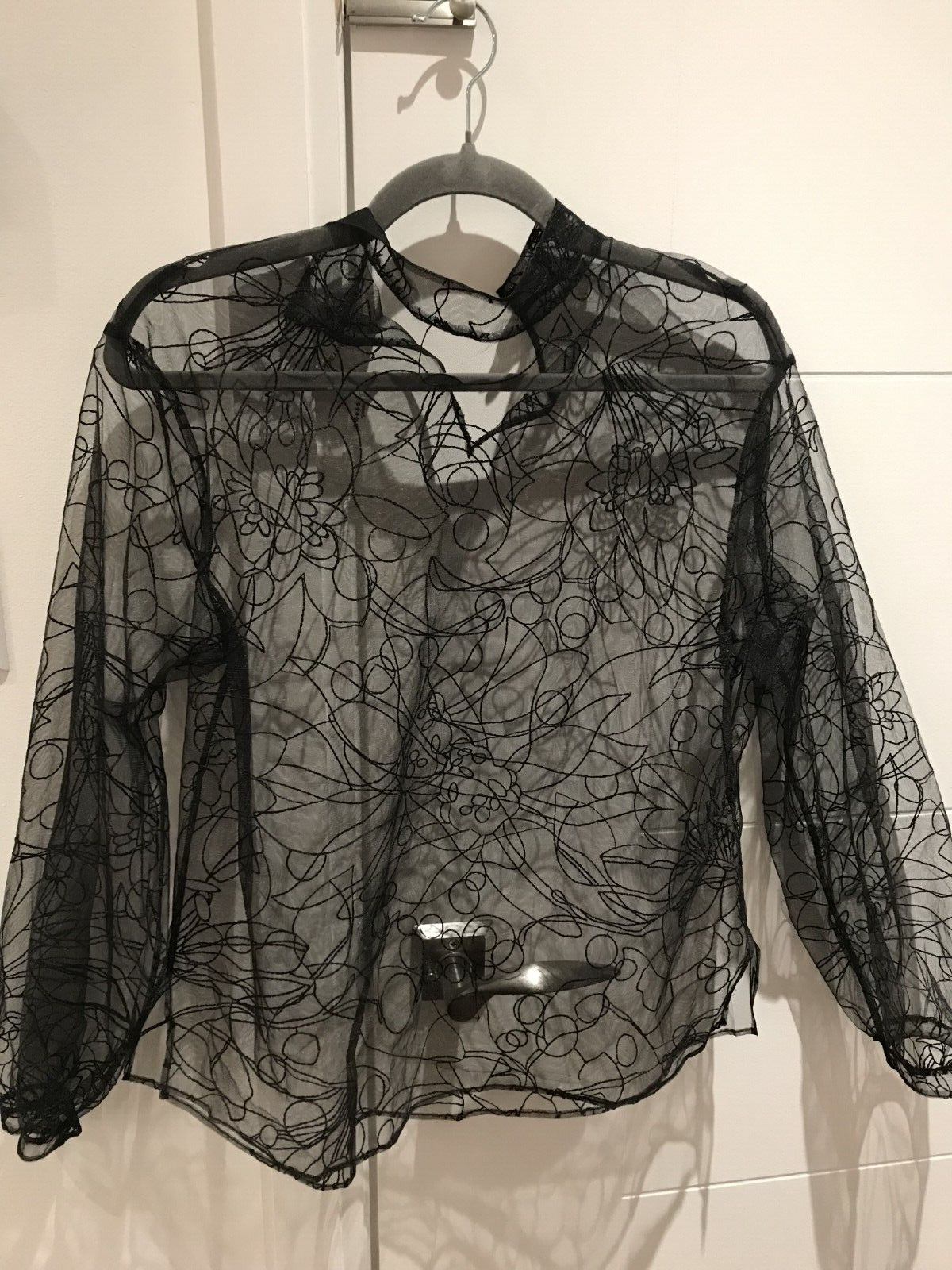 NWOT Akris Women's Black Sashiko Floral Embroidered Sheer Tulle Blouse Size 2
