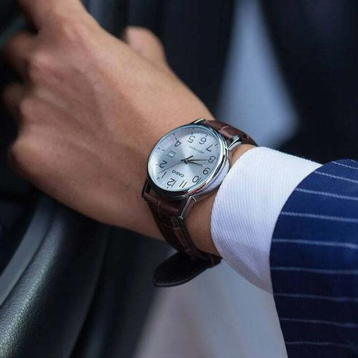 Casio MTP-V002L-7B2 Analog Men's Silver Dial Brown Leather Strap Date Watch
