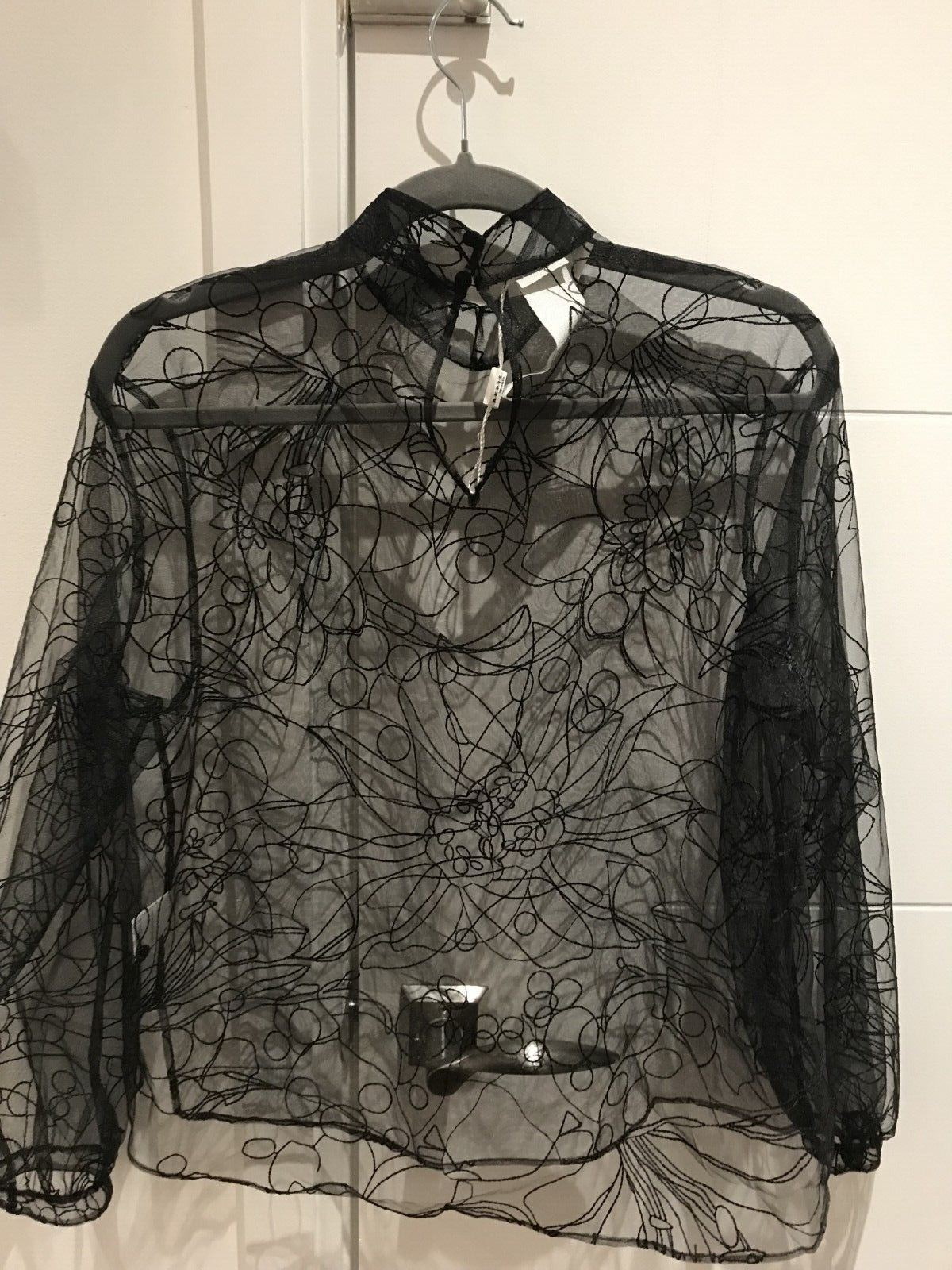 NWOT Akris Women's Black Sashiko Floral Embroidered Sheer Tulle Blouse Size 2