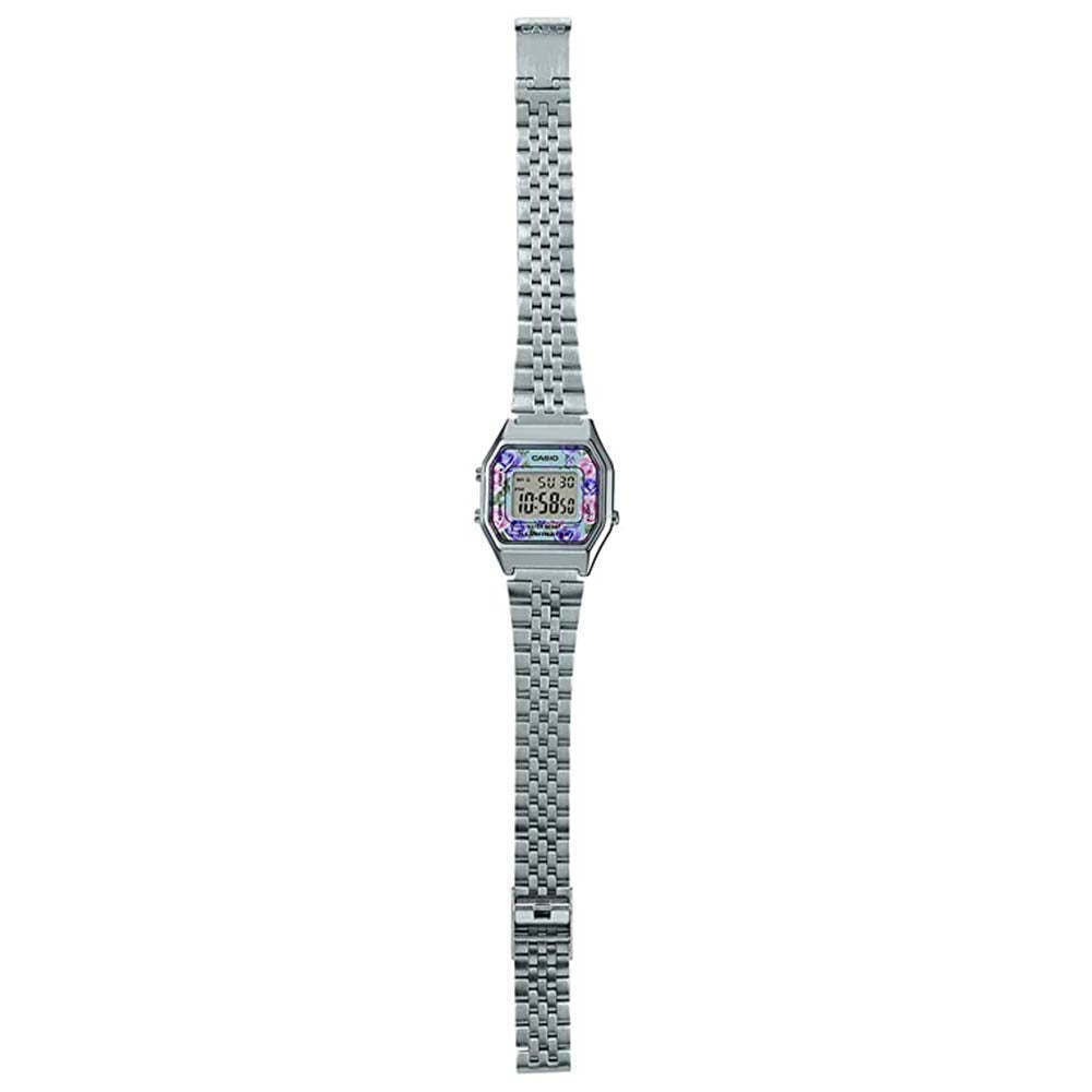 Casio LA680WA-2C Ladies Silver FLORAL Digital Watch Steel Band Retro Vintage