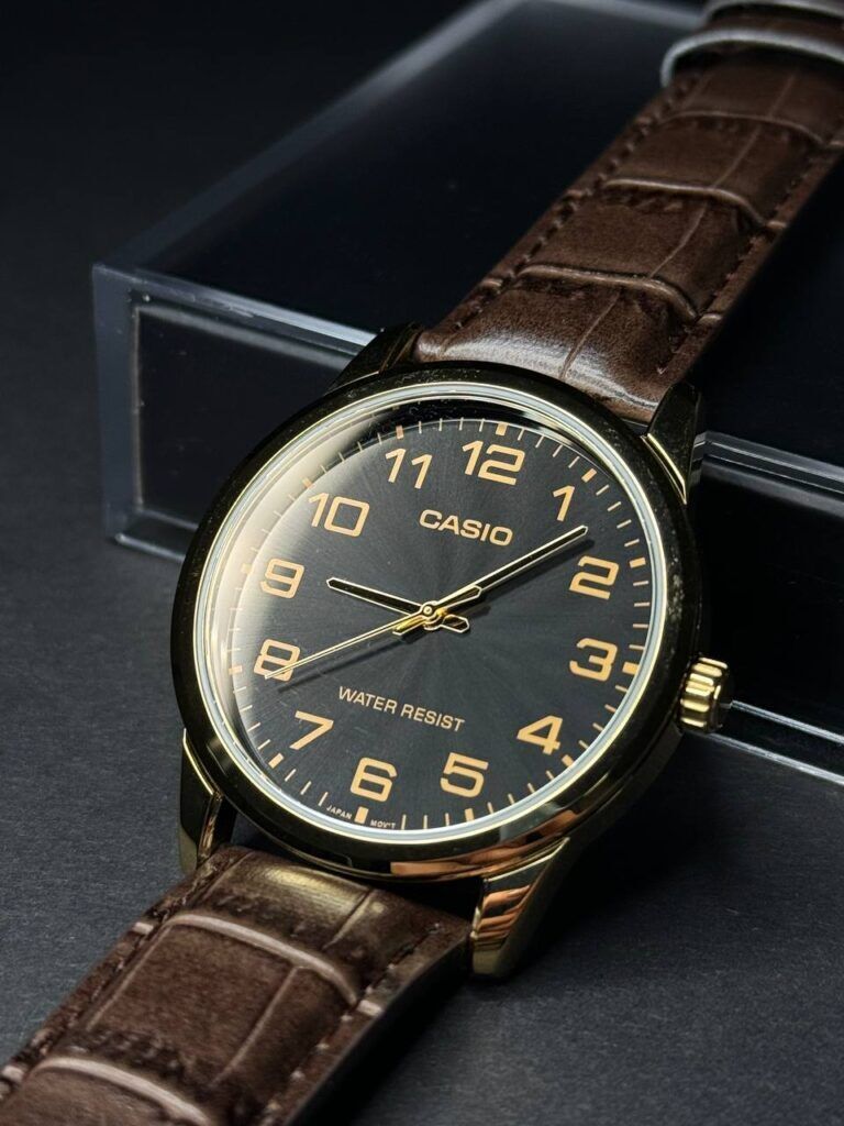 Casio MTP-V001GL-1B Black Analog Brown Leather Gold Tone Bezel Men's Watch