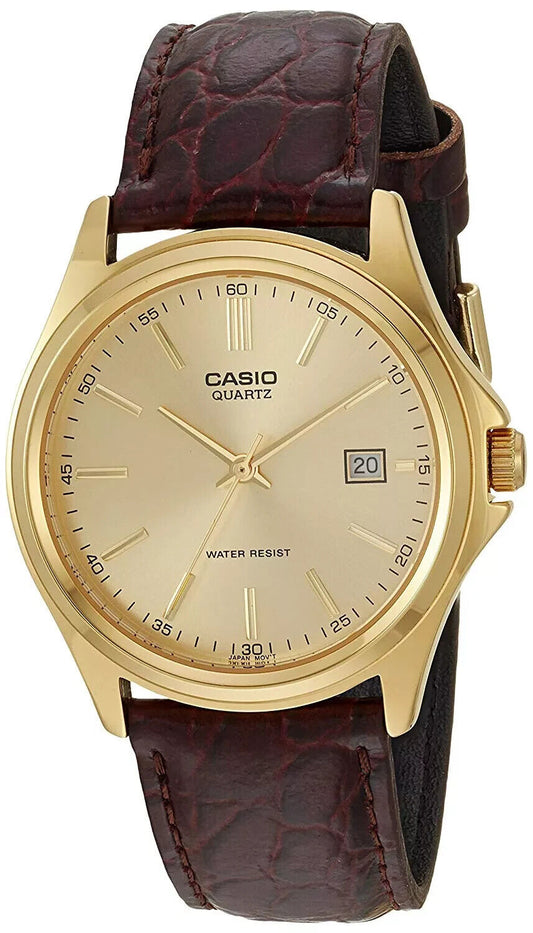Casio MTP1183Q-9A Men's Gold Tone Brown Leather Band Gold Dial Watch