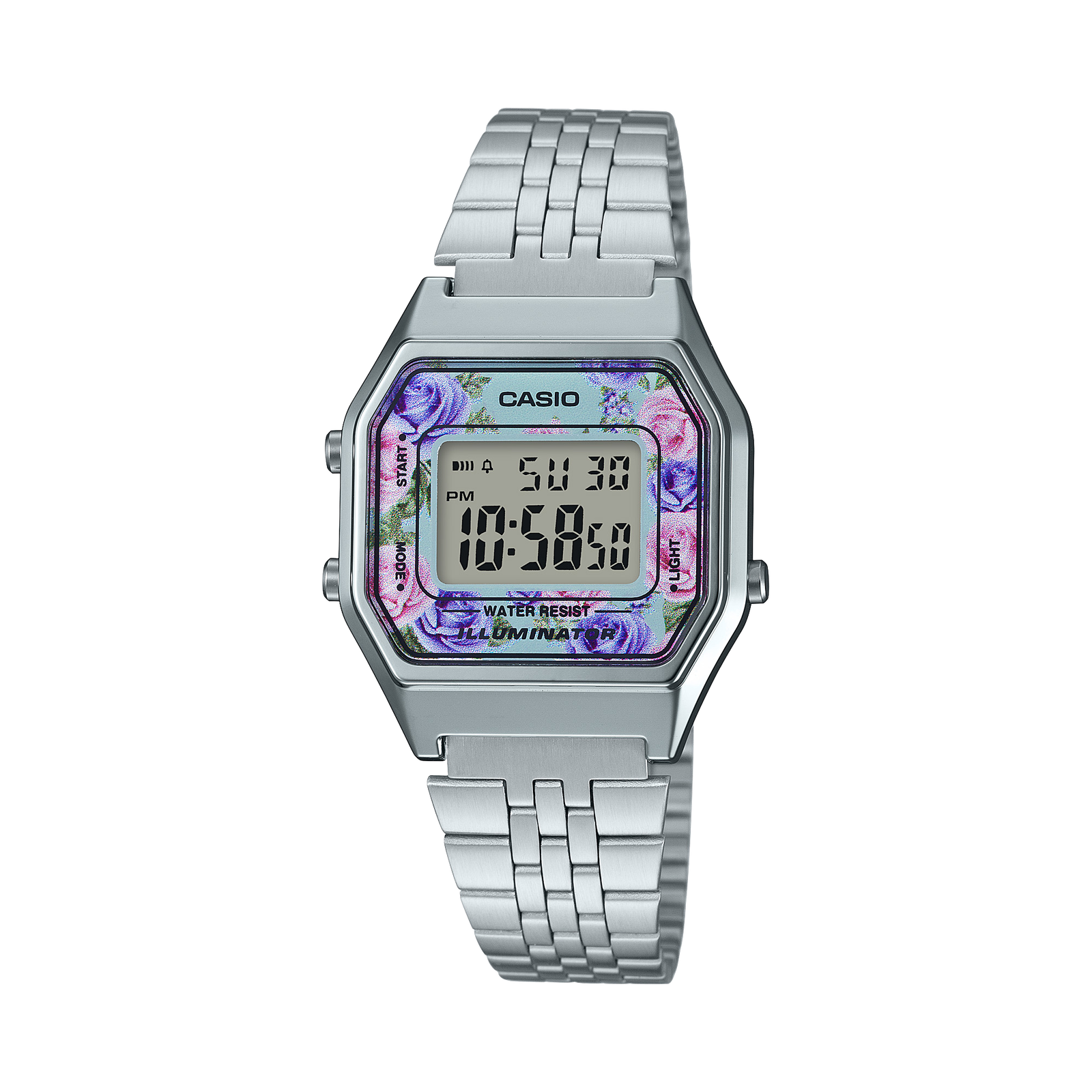 Casio LA680WA-2C Ladies Silver FLORAL Digital Watch Steel Band Retro Vintage