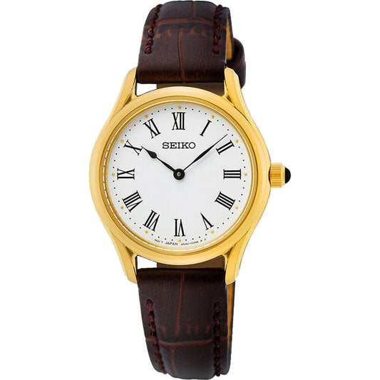 Seiko Quartz White Dial Brown Leather Ladies Watch SWR072P1