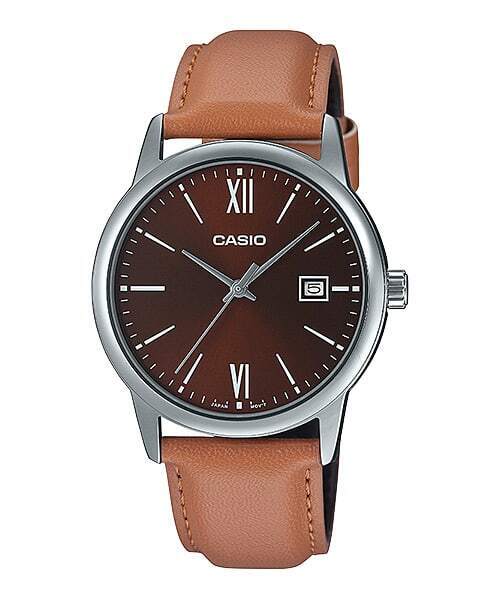 Casio MTP-V002L-5B3 Men's Dress Watch, Roman Numerals, Date, Leather Band
