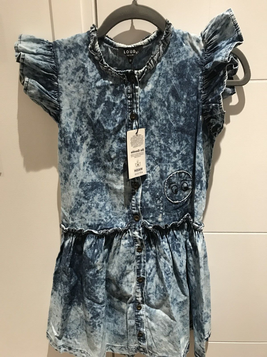 NWT Loud Girls Blue Denim Acid Wash Button Front Dress Size 8 Paper Bag Neckline