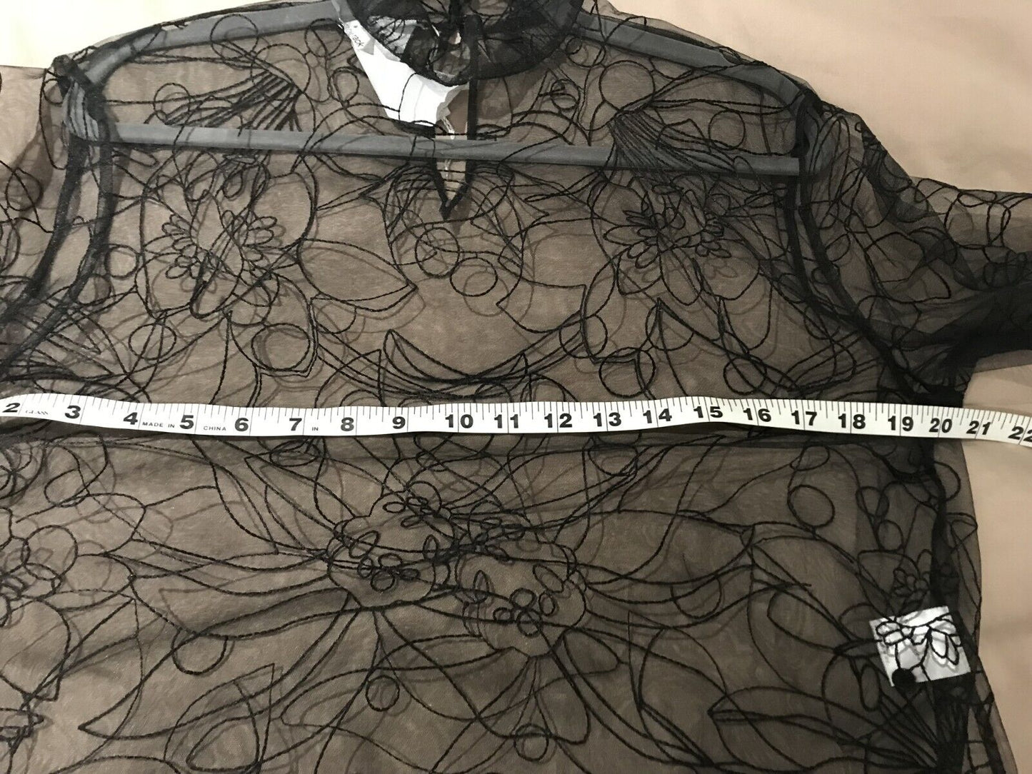 NWOT Akris Women's Black Sashiko Floral Embroidered Sheer Tulle Blouse Size 2