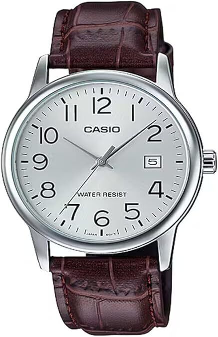 Casio MTP-V002L-7B2 Analog Men's Silver Dial Brown Leather Strap Date Watch