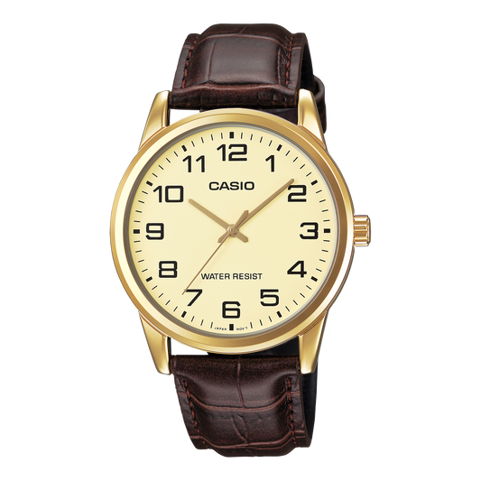 Casio MTP-V001GL-9B Men's Gold Stainless Steel Leather Band Easy Reader Watch