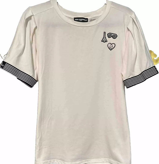 Karl Lagerfeld Paris Women's Ivory Embroidered Cotton Pullover T-shirt Size XL
