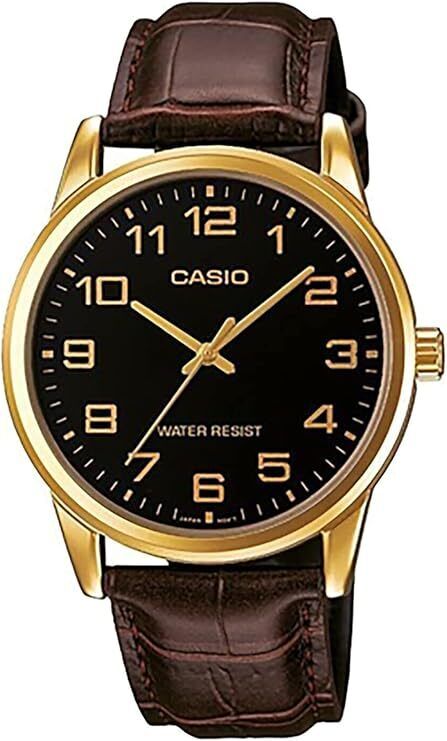 Casio MTP-V001GL-1B Black Analog Brown Leather Gold Tone Bezel Men's Watch