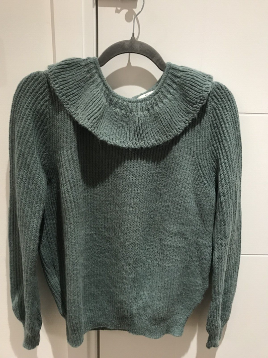 Cyrillus Paris Women's Green Frill Round Neck Long Slim Sleeve Sweater Sz Medium