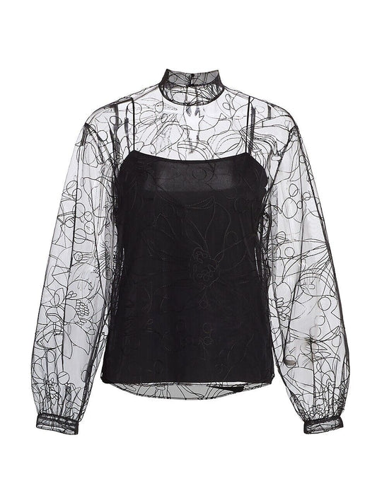 NWOT Akris Women's Black Sashiko Floral Embroidered Sheer Tulle Blouse Size 2