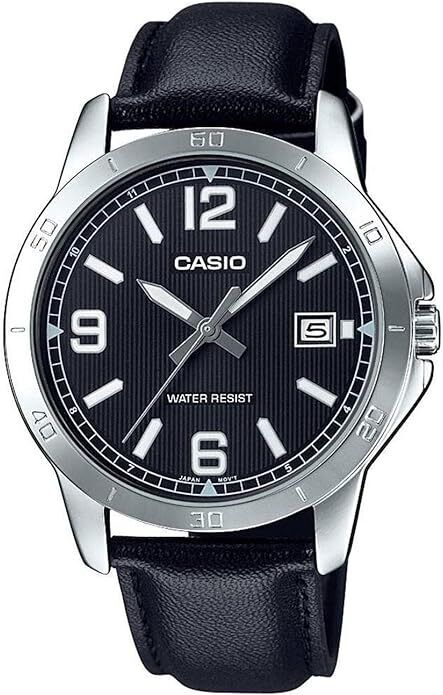 Casio MTP-V004L-1B Men's Stainless Steel Black Leather Band Black Dial Date Watc